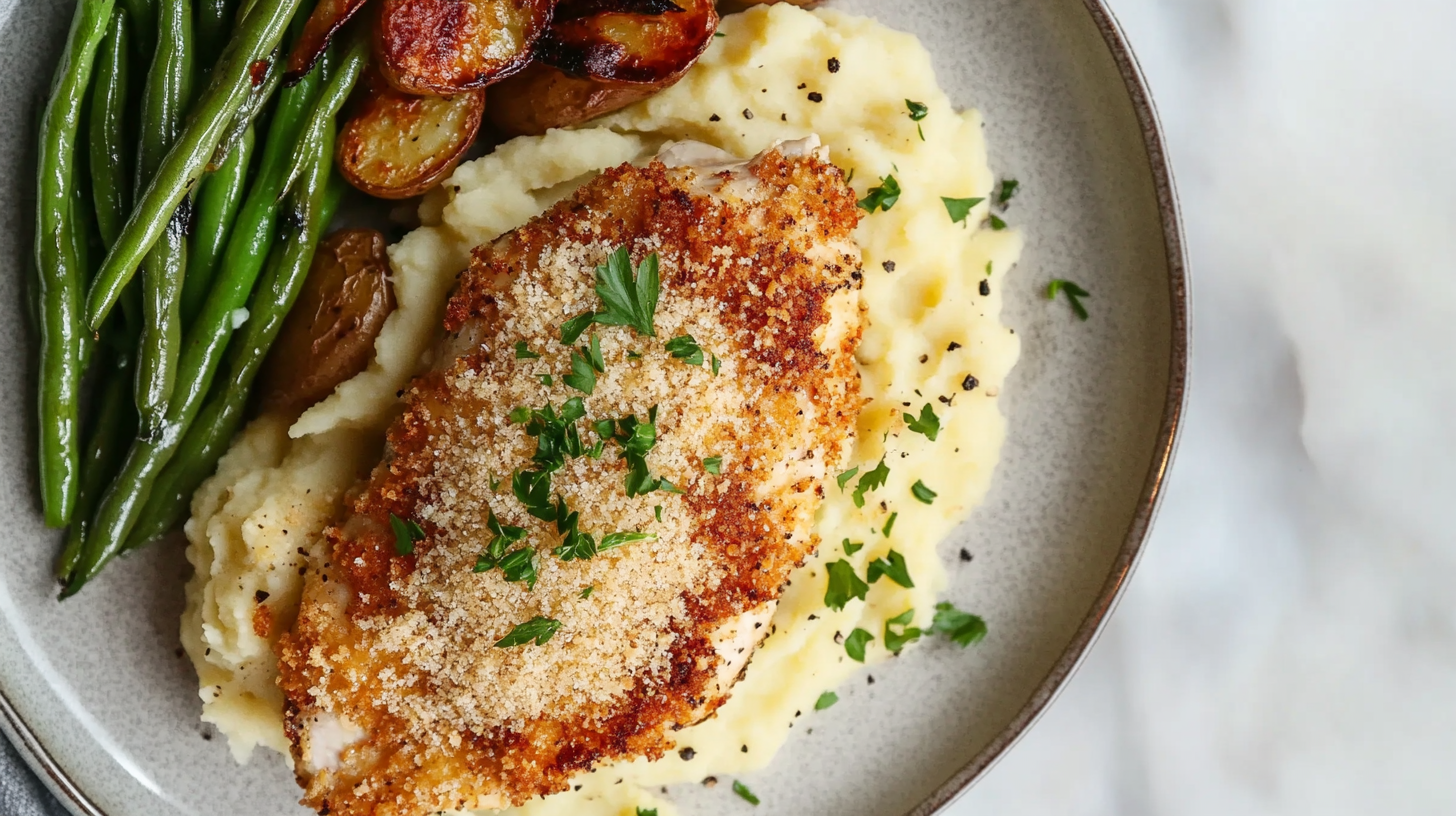 A plate of Longhorn Parmesan Crusted Chicken with a golden cheese crust.