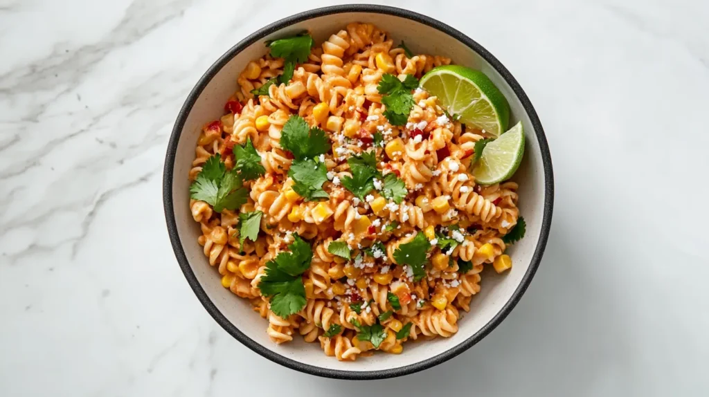 A large bowl of Mexican street corn pasta salad with cilantro and lime wedges on top.