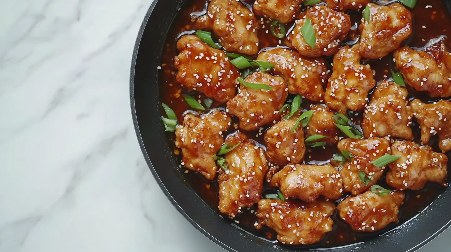 A skillet of crispy honey sesame chicken pieces garnished with sesame seeds and green onions.