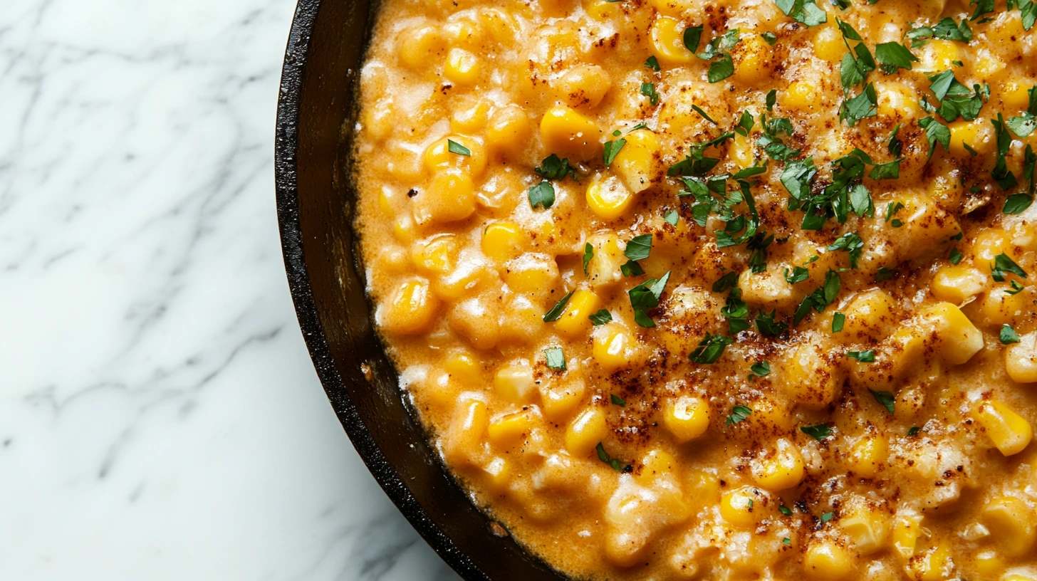 A cast-iron skillet filled with honey butter skillet corn, glistening and creamy.