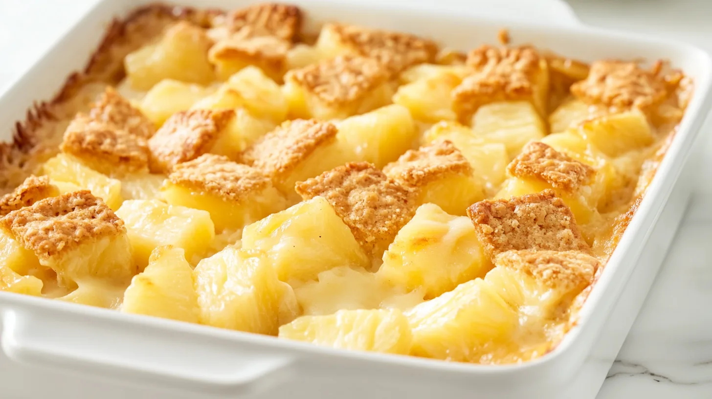 Close-up of a golden-brown pineapple casserole in a white baking dish.