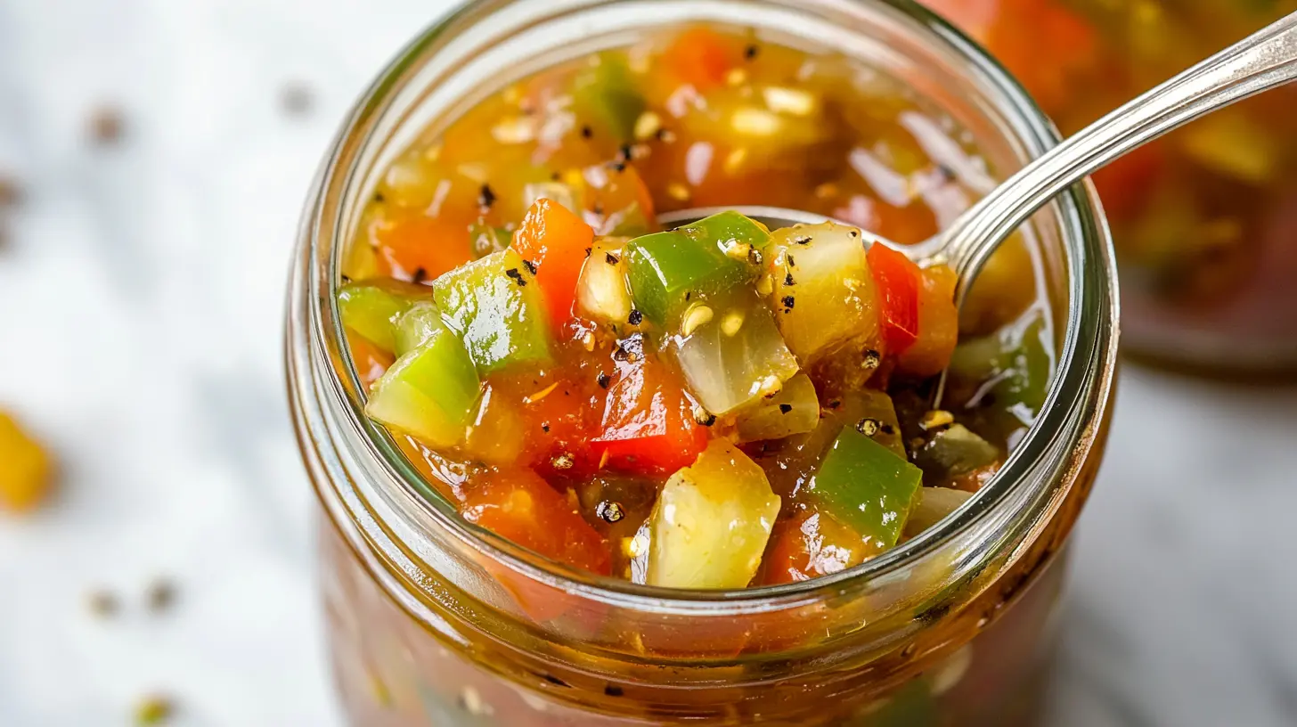 A jar of homemade chow chow relish with a spoon.