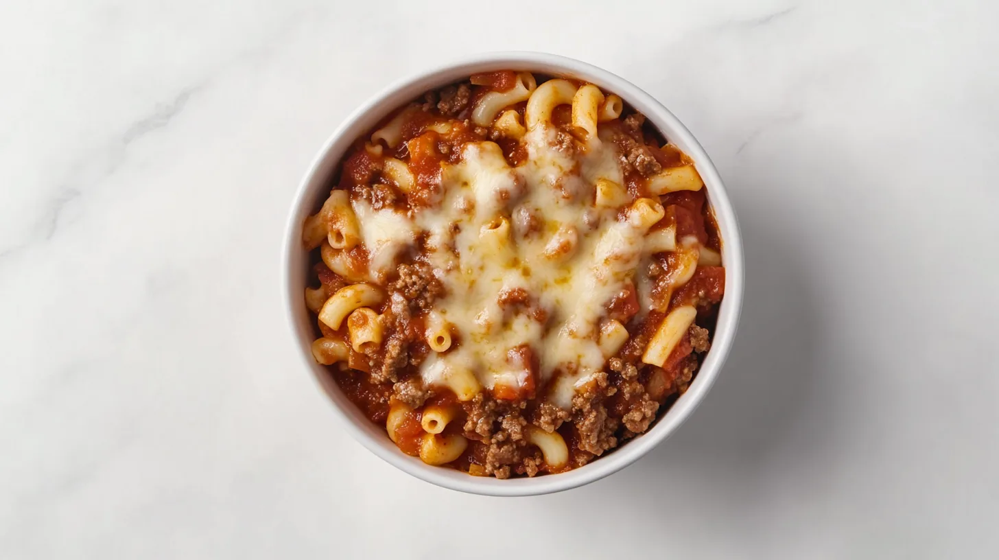 A comforting bowl of homemade beefaroni with melted cheese on top.