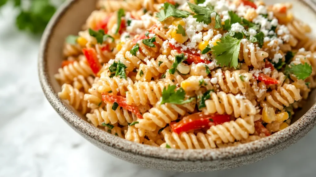 A big bowl of street corn pasta salad brimming with colorful peppers, corn kernels, and cheese.