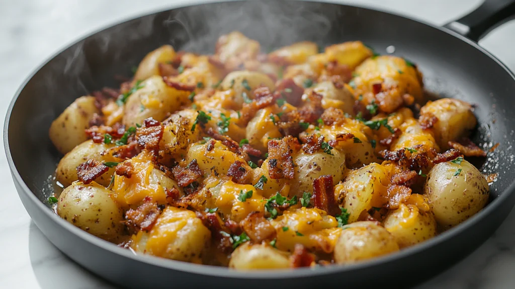 A steaming pan of Mississippi Mud Potatoes topped with crispy bacon bits and melted cheddar cheese.