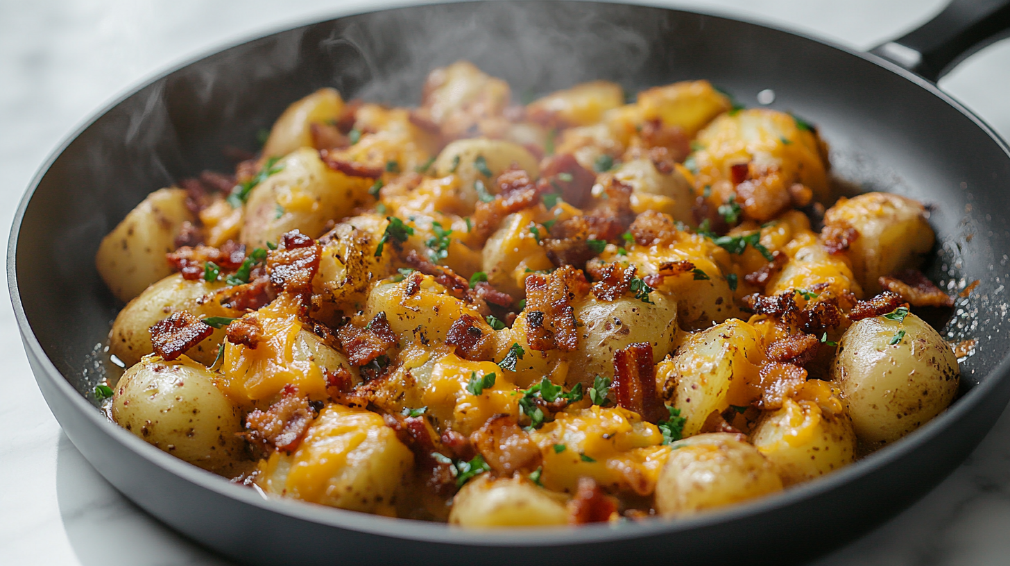 A steaming pan of Mississippi Mud Potatoes topped with crispy bacon bits and melted cheddar cheese.