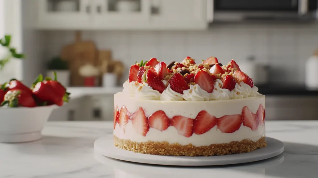 Cheesecake topped with fresh strawberry crunch in a farmhouse-style kitchen.