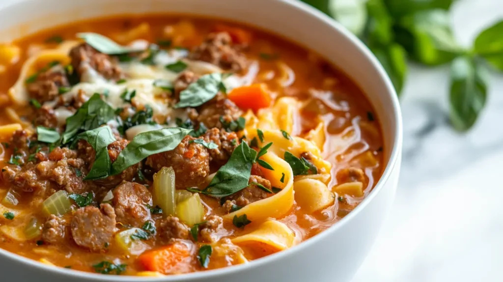 A steaming bowl of creamy Parmesan Italian sausage soup sprinkled with fresh herbs