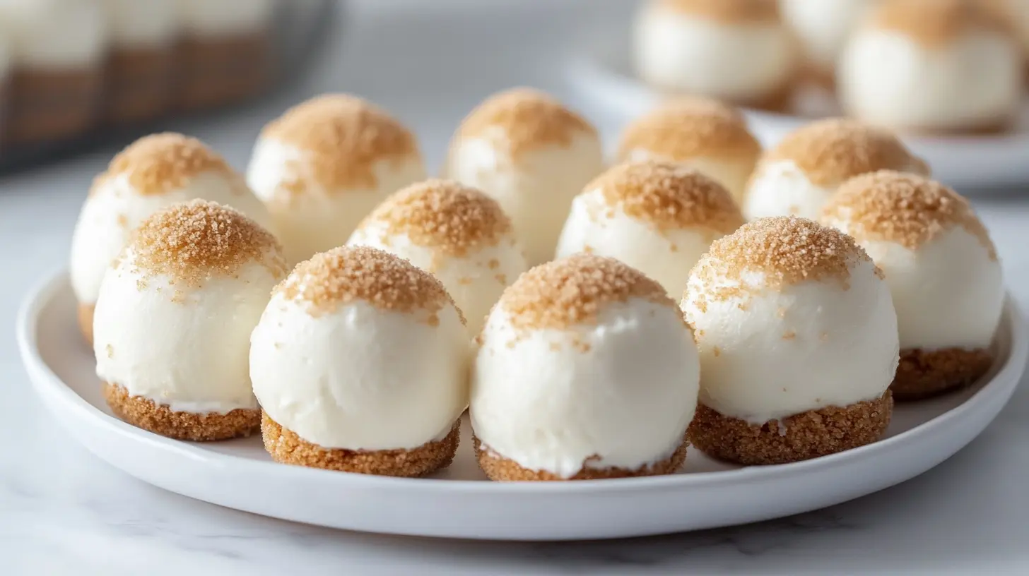 A plate piled high with bite-sized cheesecake balls dusted in graham crackers.