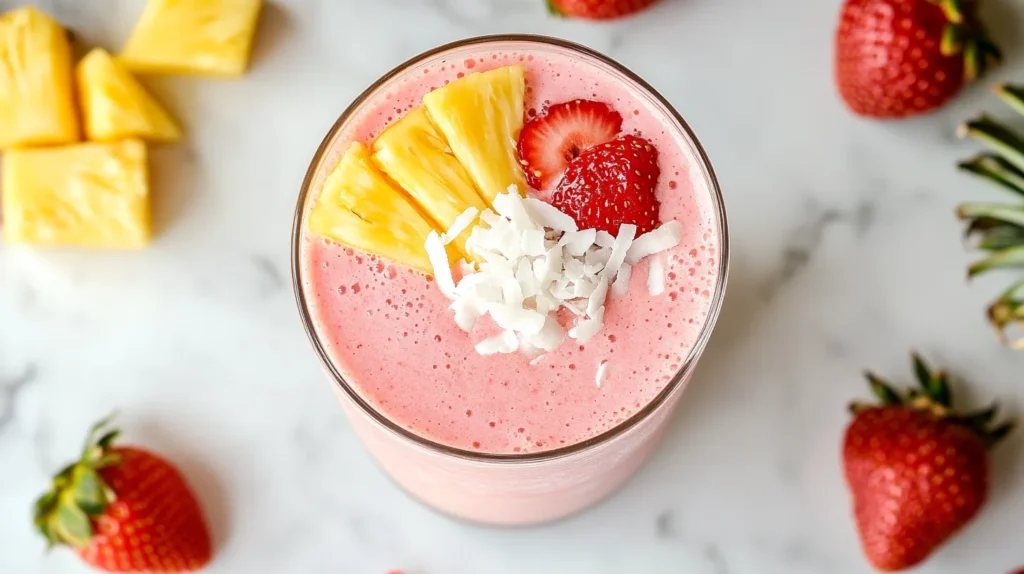 A homemade Bahama Mama smoothie in a tall glass garnished with fresh pineapple and strawberry slices.