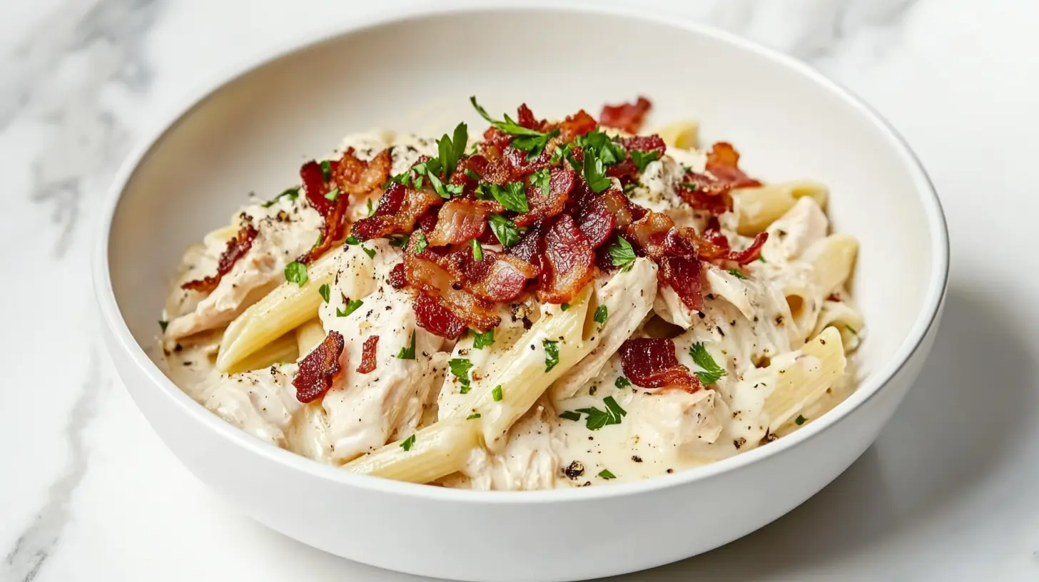 A creamy serving of crack chicken penne topped with crispy bacon and fresh parsley.