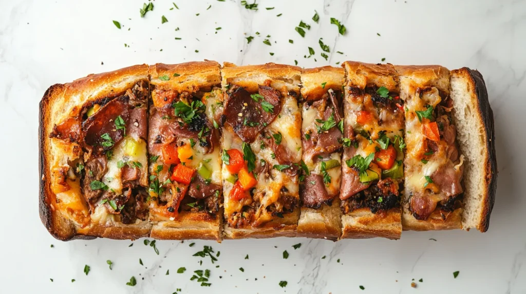 A sliced loaf of warm garbage bread filled with meats, cheeses, and vegetables.