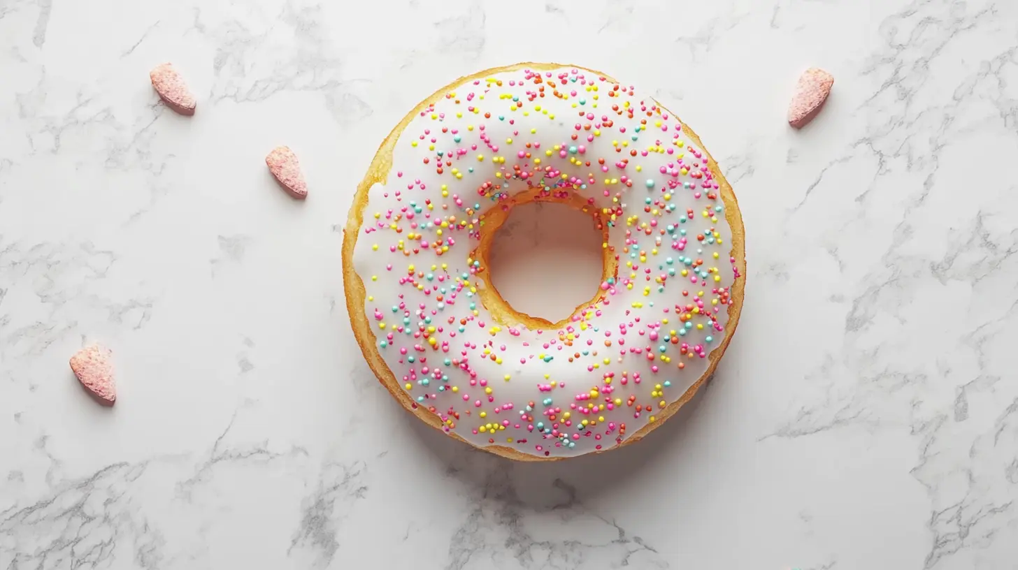 Freshly baked donut cake with vanilla glaze and bright sprinkles.