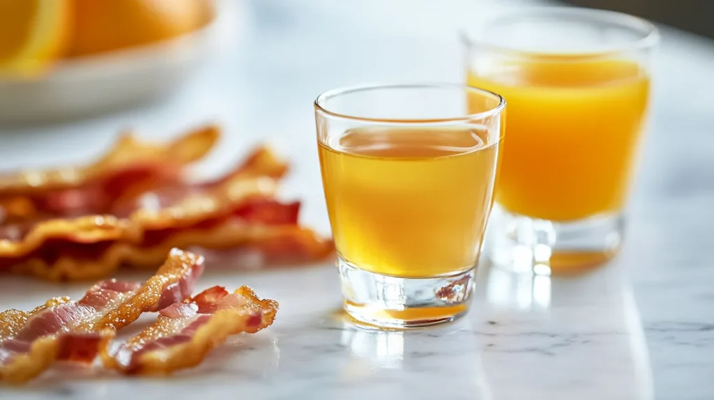 Two small glasses of a breakfast shot with bacon strips on the side.