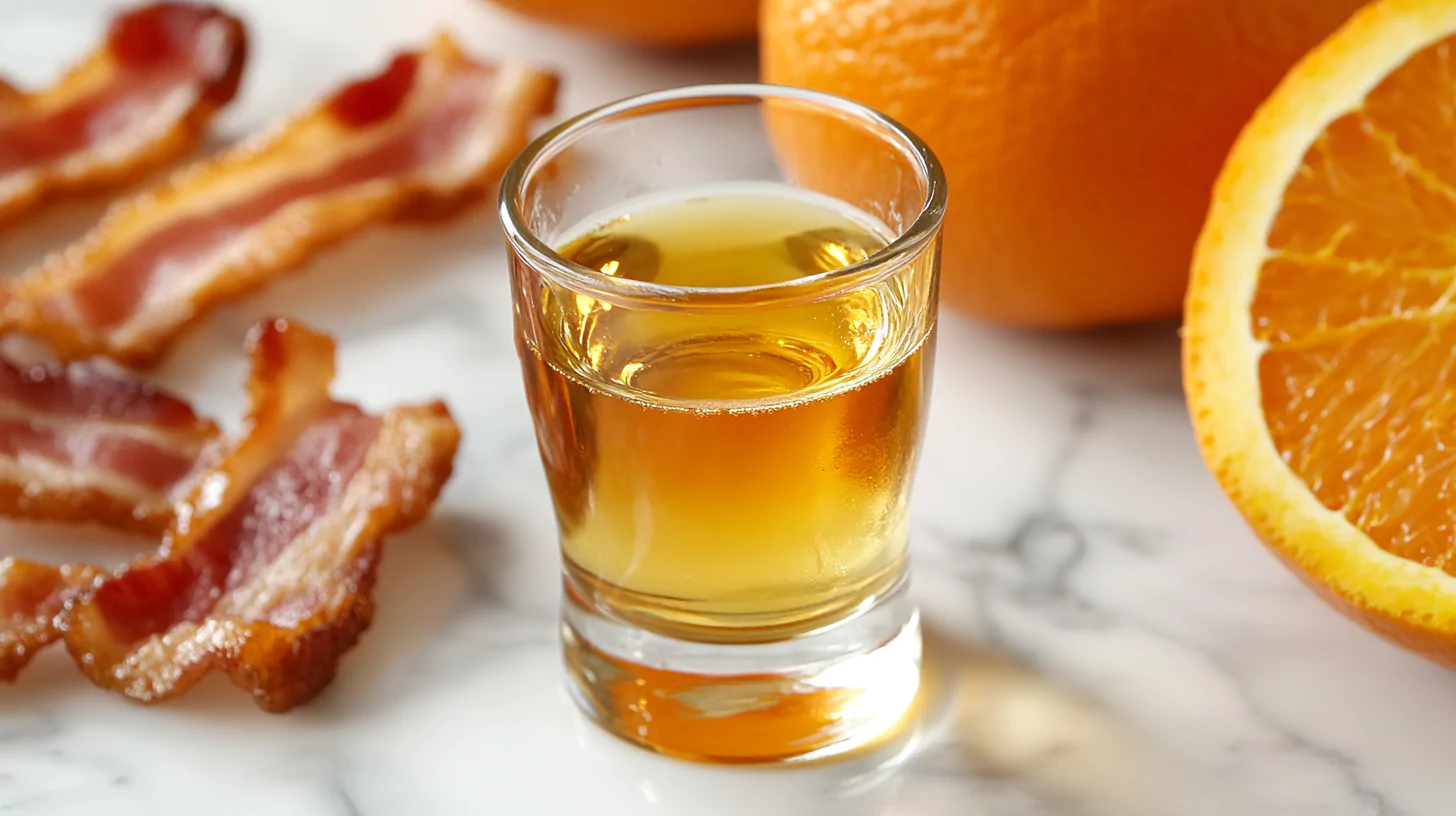 A small shot glass filled with a golden Irish Breakfast Shot, next to bacon strips and an orange slice.