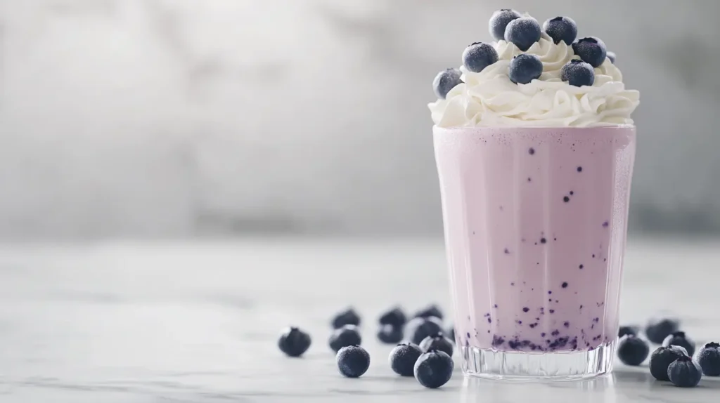 A tall glass of blueberry milkshake topped with whipped cream and fresh berries.