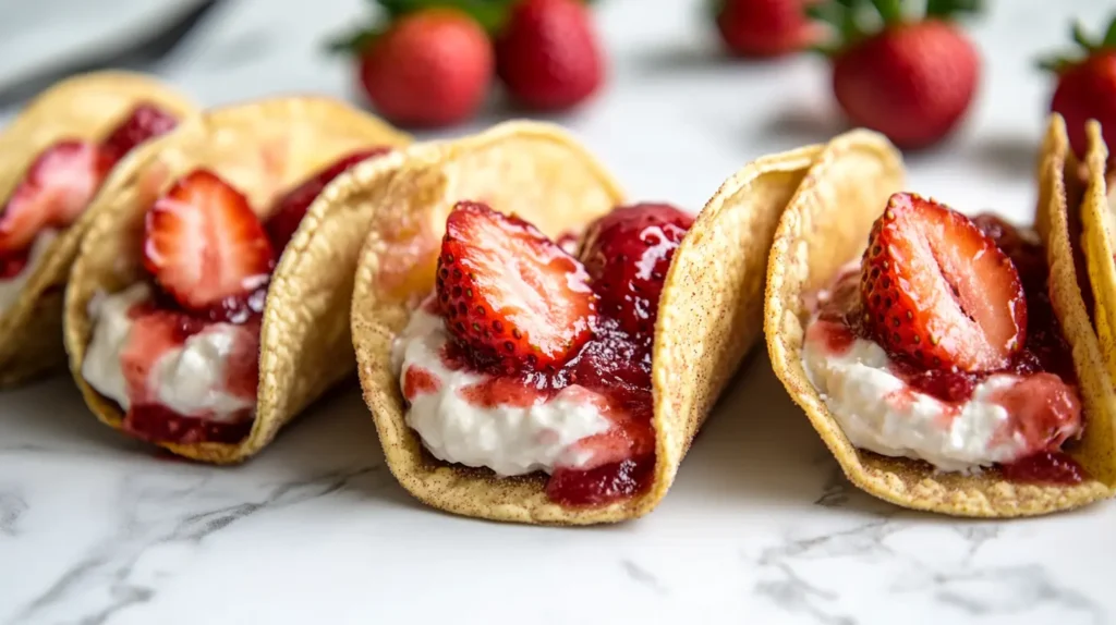 A plate of strawberry cheesecake tacos with creamy filling and fresh berries.