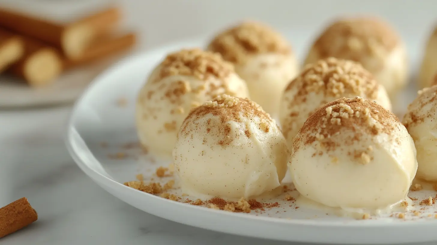 A plate of no bake pumpkin cheesecake balls garnished with cinnamon and crushed graham crackers.