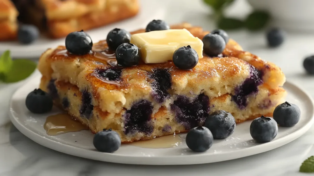 A platter of blueberry pancakes topped with fresh blueberries and a pat of butter.