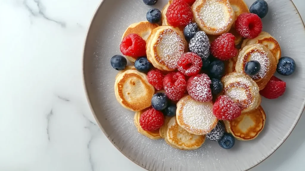 A plate of mini pancakes topped with fresh berries and a dusting of powdered sugar.