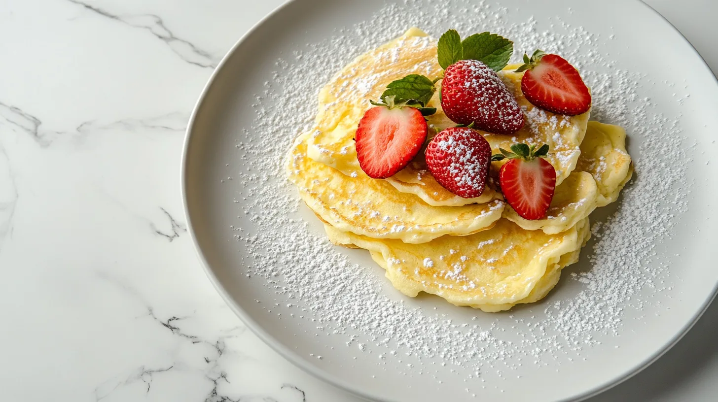 A plate of scrambled pancakes topped with fresh strawberries and powdered sugar.