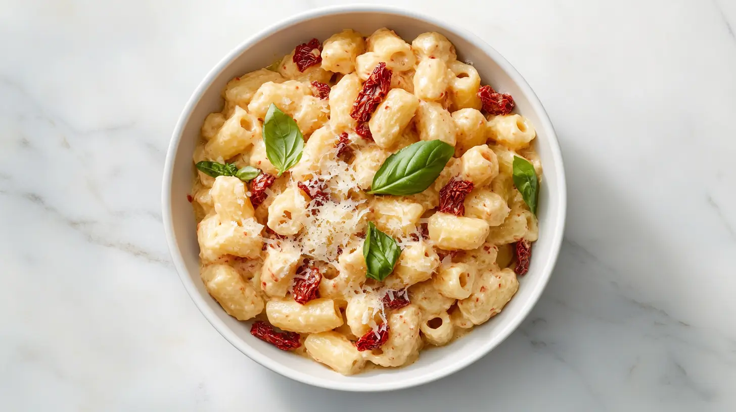 A comforting bowl of Marry Me Pasta with sun-dried tomatoes and fresh basil, steaming hot.