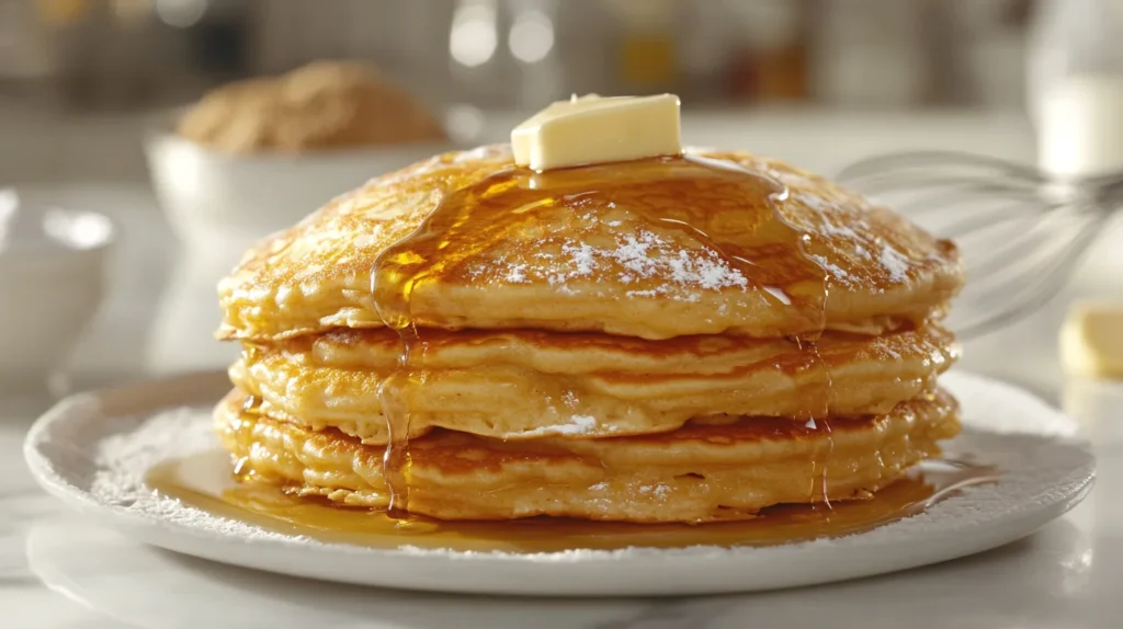 Stack of golden Cracker Barrel pancakes drizzled with syrup and topped with butter.