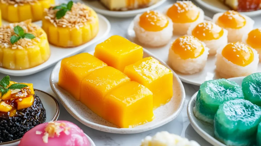 An array of colorful Asian desserts, including mochi, mango sticky rice, and egg tarts