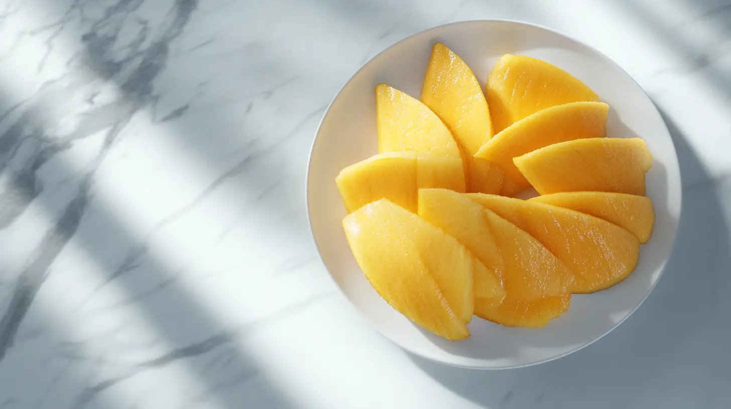 Ripe mango slices arranged on a plate ready for dessert.