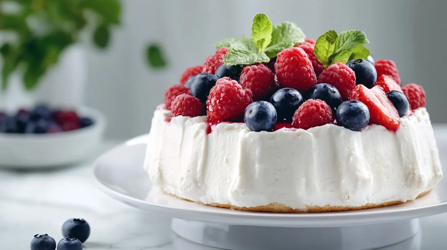 A creamy cottage cheese dessert topped with fresh berries and mint.