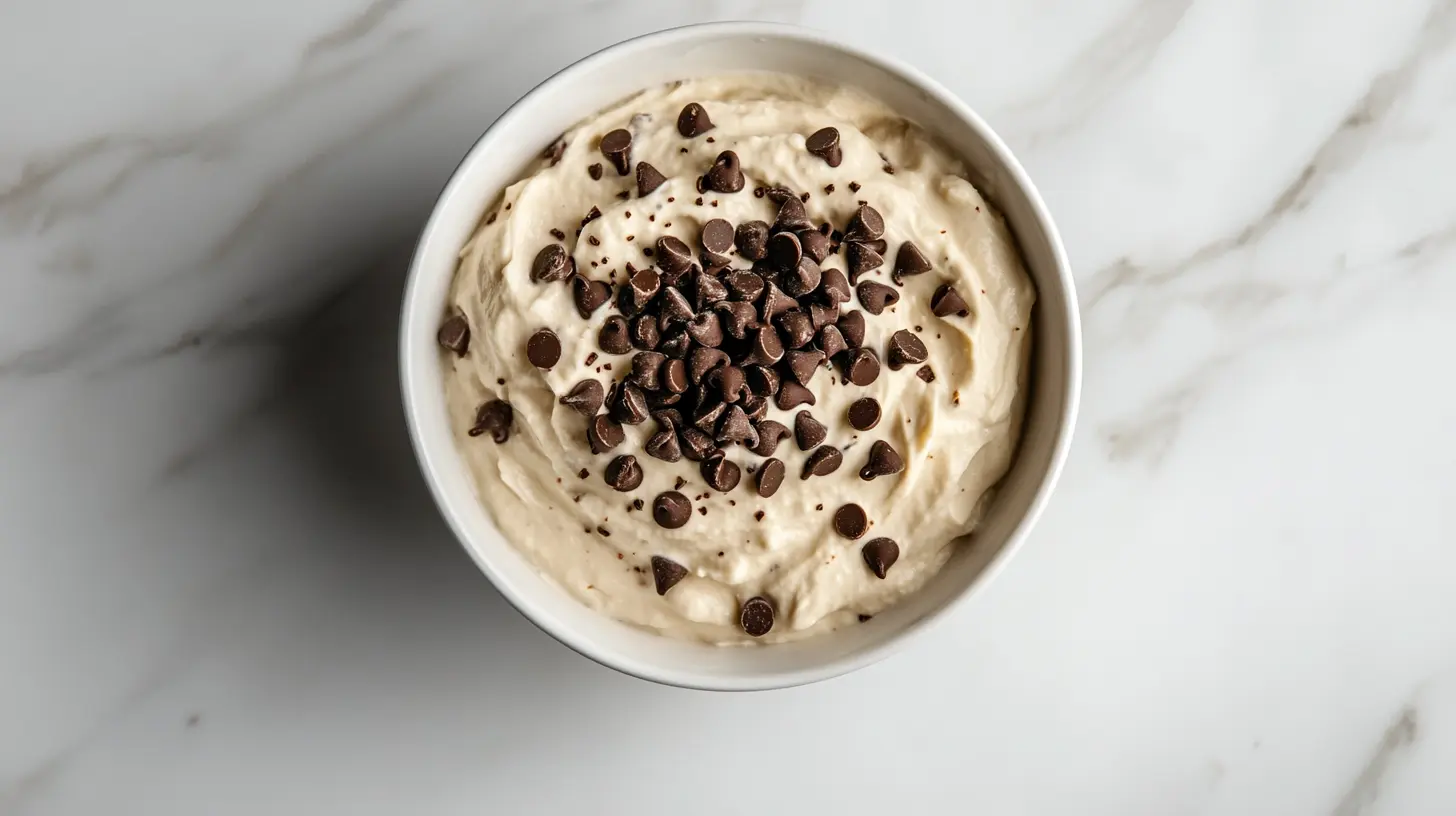 A creamy dessert dip topped with chocolate chips in a white bowl.