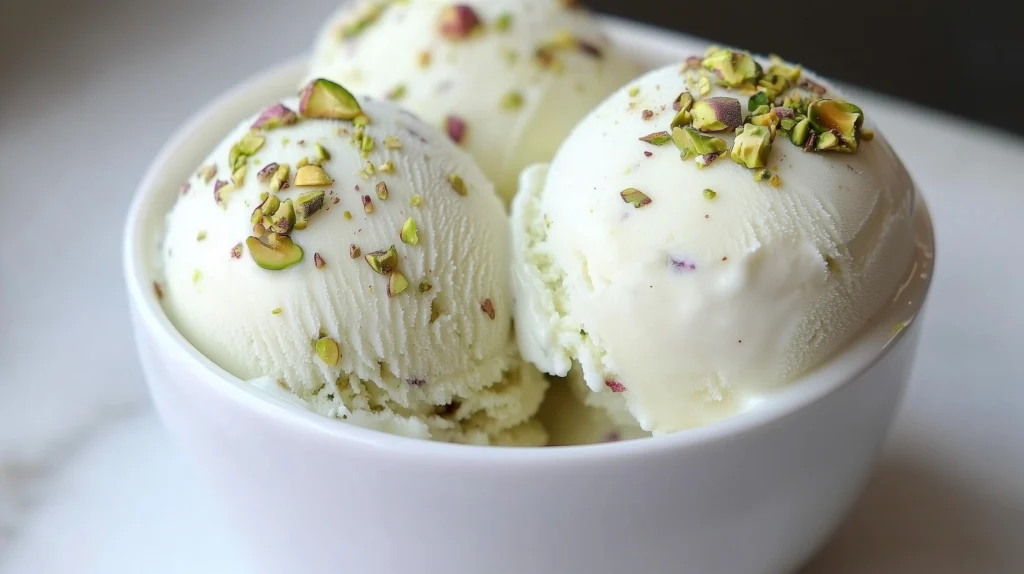 Scoops of pistachio ice cream in a bowl with crushed pistachios on top.