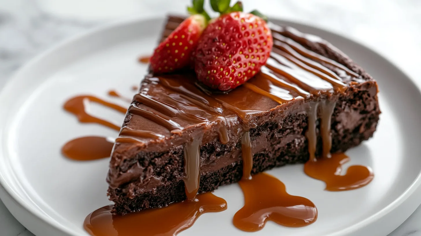 A slice of eggless chocolate cake with a drizzle of caramel sauce and a strawberry on top.