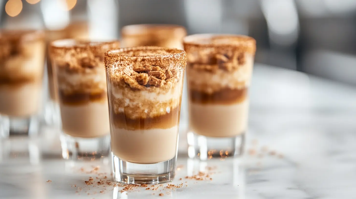 A set of Cinnamon Toast Crunch Shots with a cinnamon sugar rim on a wooden tray.