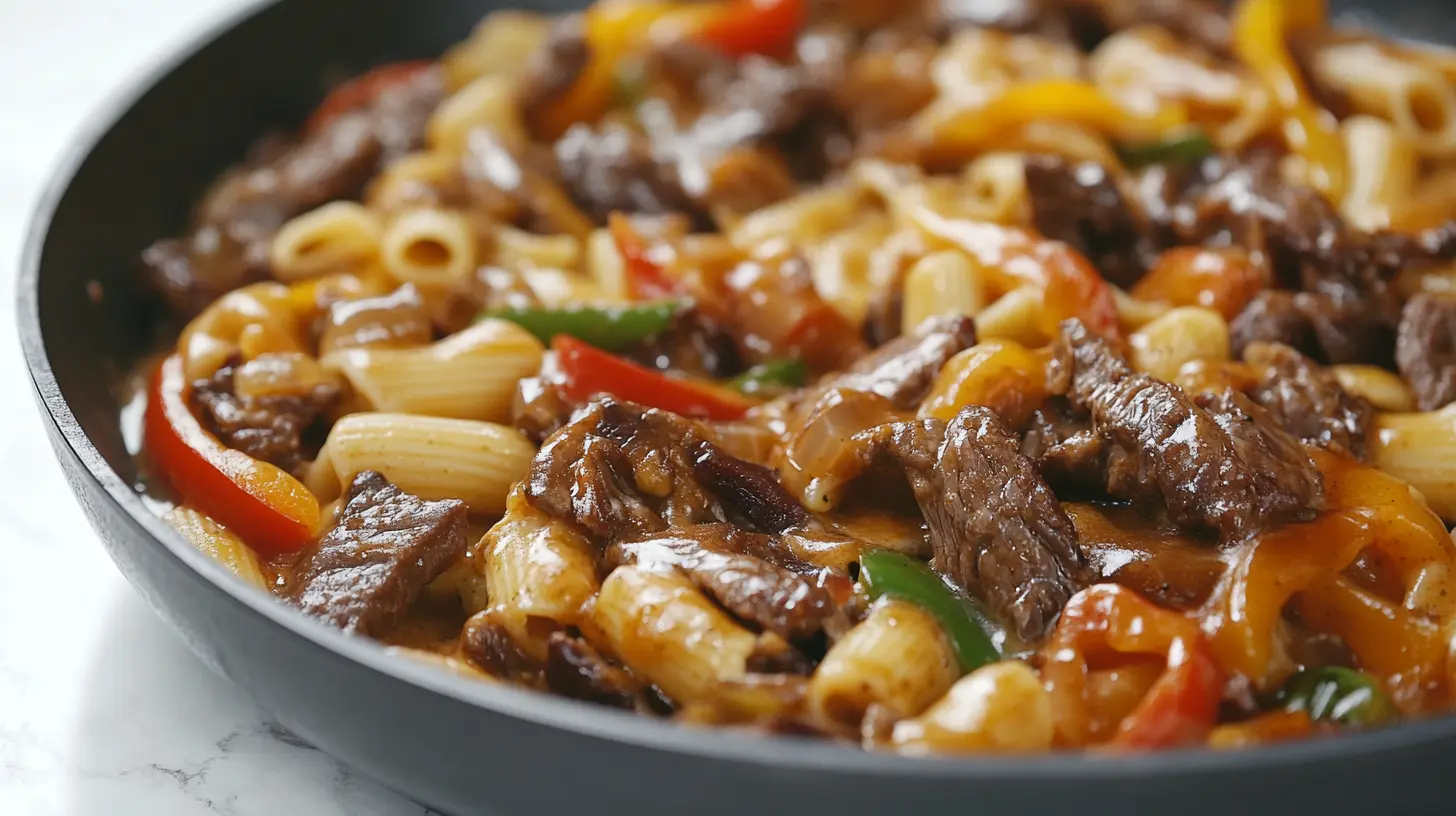 A bubbling skillet of creamy Philly cheesesteak pasta fresh off the stove.