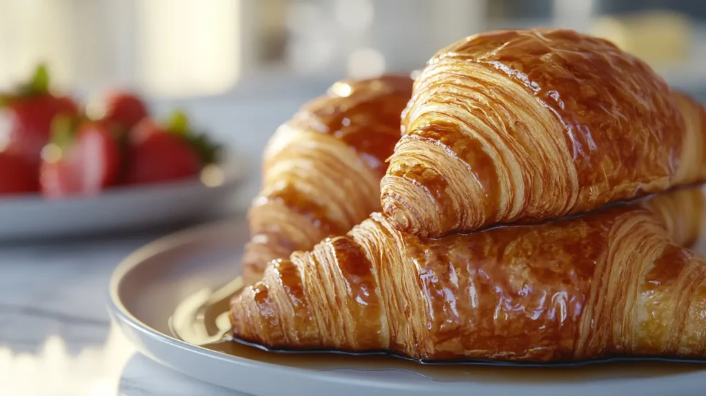 Stack of golden-brown croissant toast on a plate.