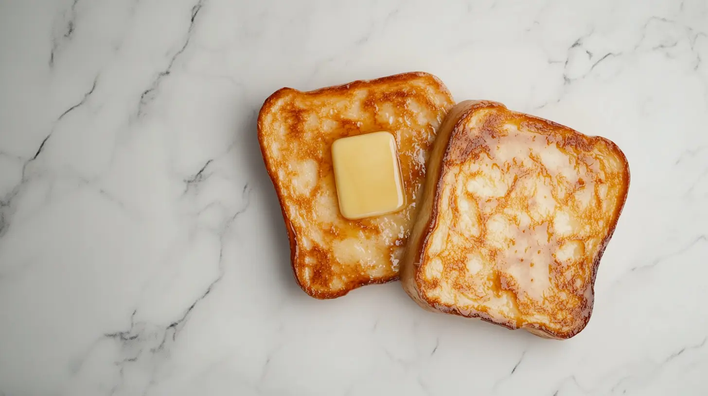 Two slices of freshly made sourdough French toast with butter and syrup dripping on top.