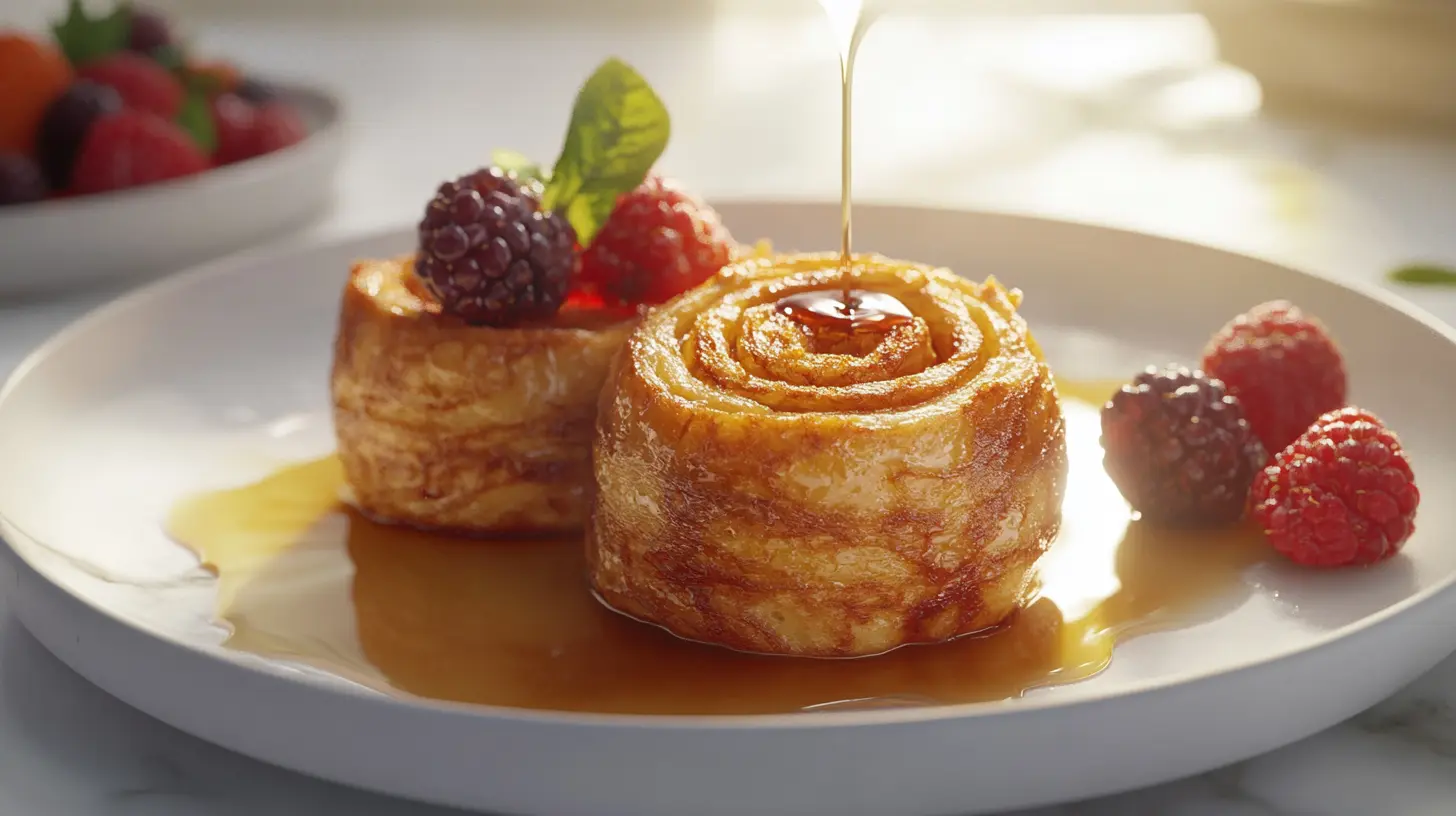 Golden-brown Hawaiian Roll French Toast served with fresh berries and a drizzle of maple syrup.