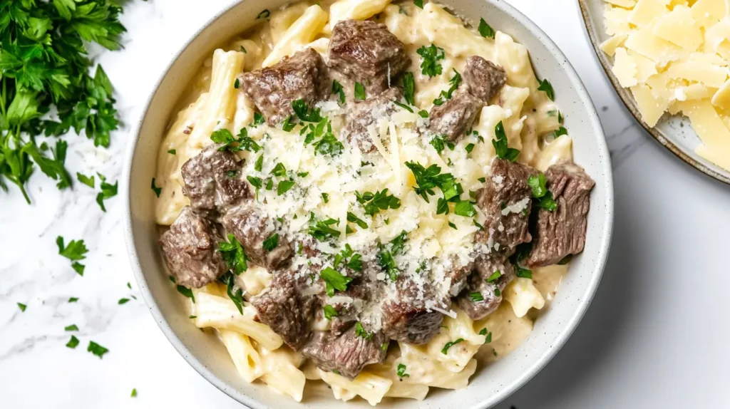 A large bowl of creamy steak pasta topped with fresh parsley and grated cheese.