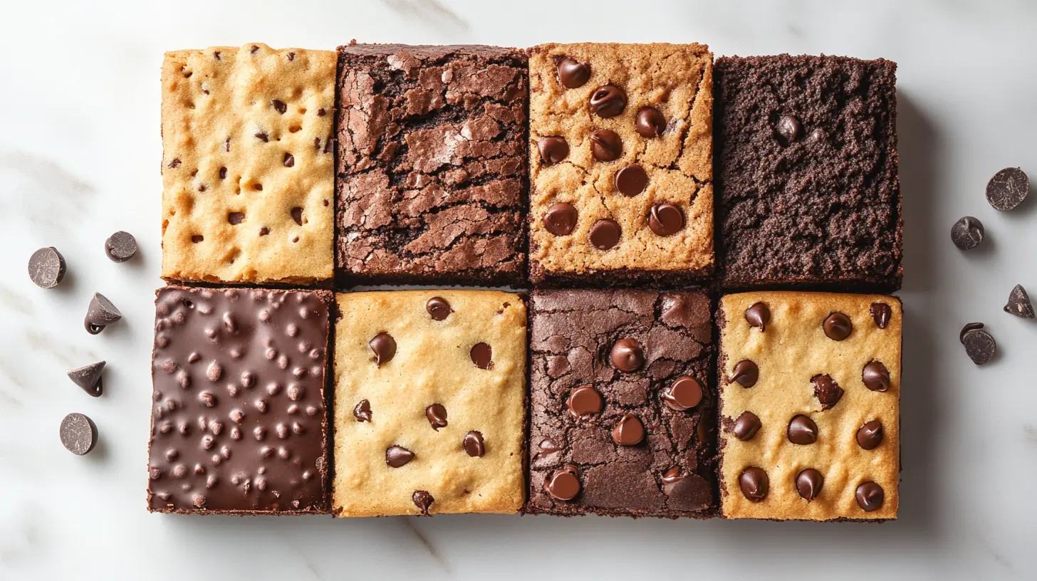 A freshly baked brookie sliced into squares, revealing distinct brownie and cookie layers.