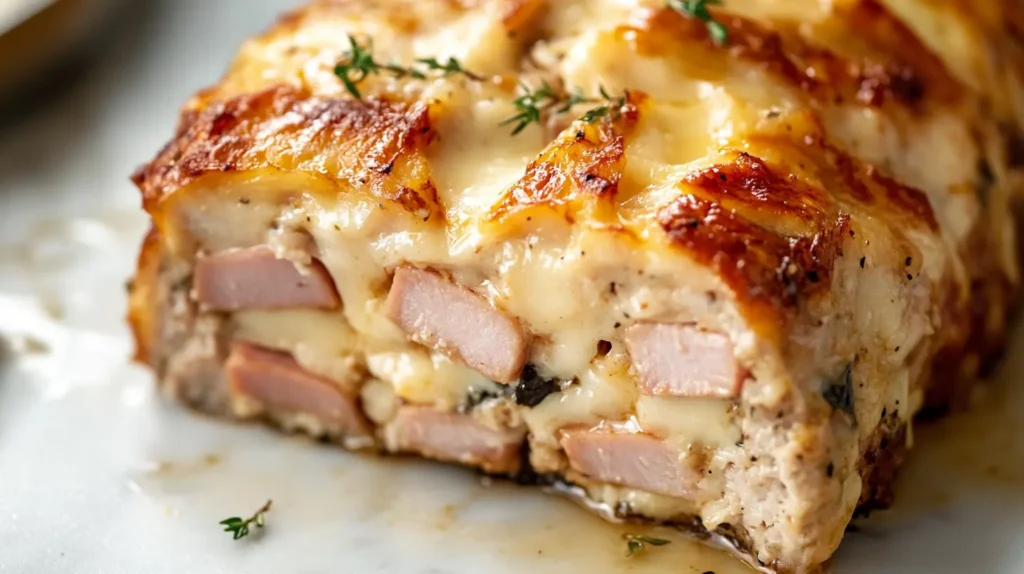 Sliced Chicken Cordon Bleu Meatloaf on a wooden cutting board with ham and cheese peeking out.