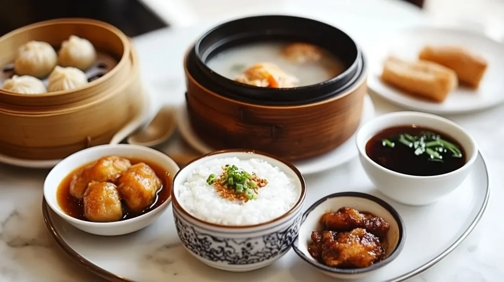 A cozy table setting featuring various Asian breakfast dishes and hot tea.