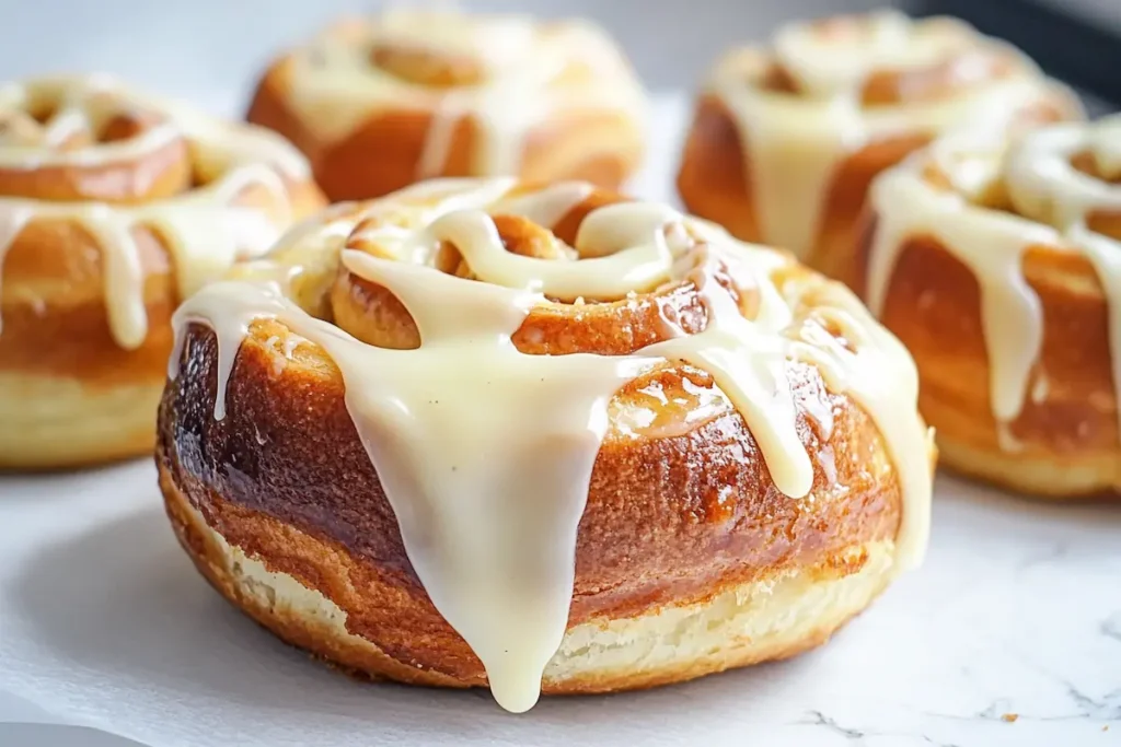 A tray of freshly baked bread flour cinnamon rolls topped with drippy cream cheese icing