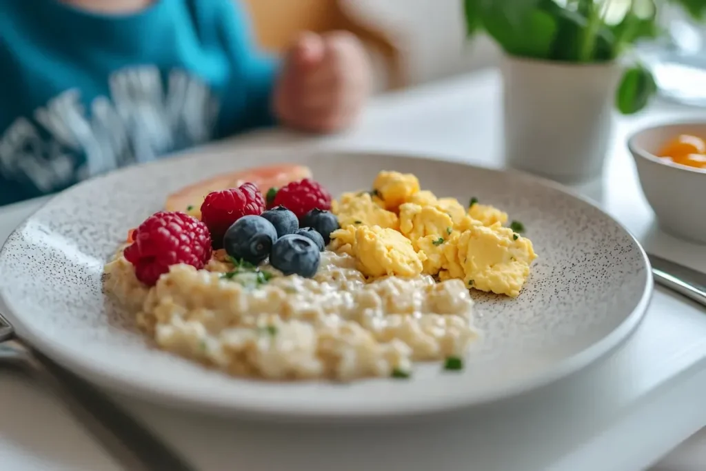 toddler happily enjoying a homemade breakfast.