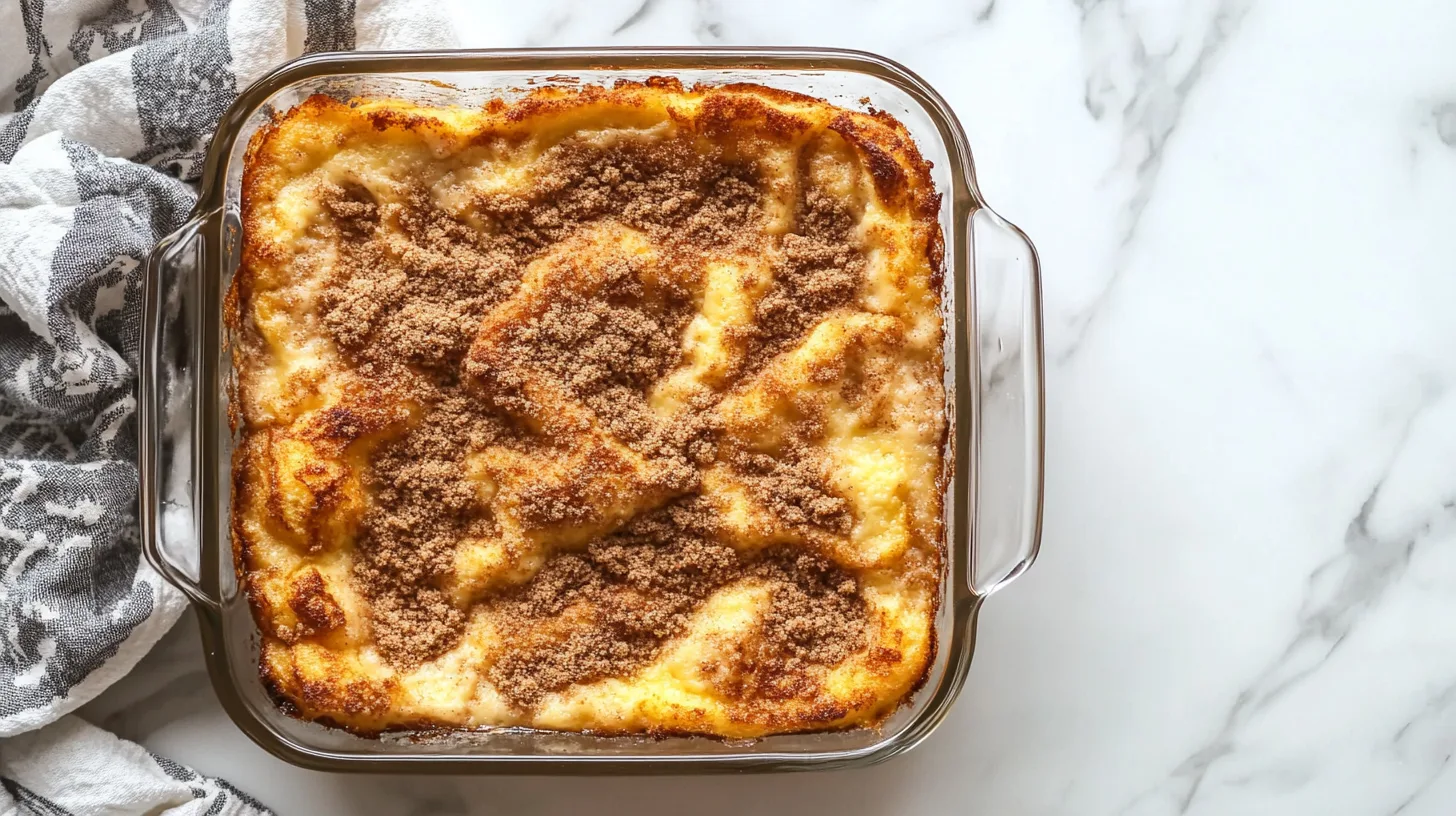 Freshly baked brioche french toast casserole with golden edges and cinnamon streusel.