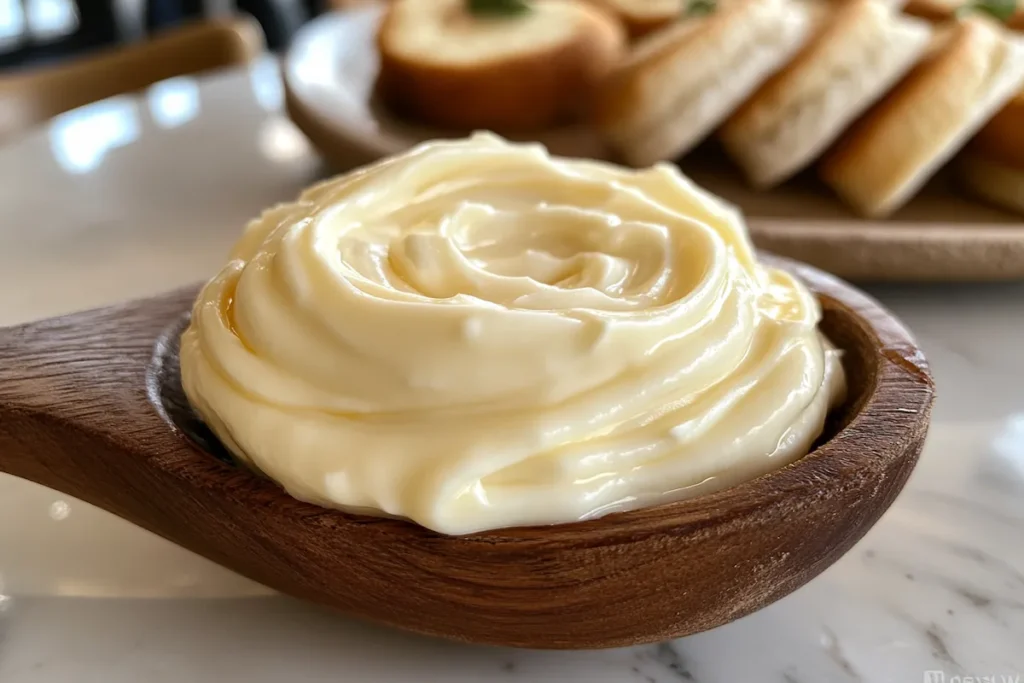 A luscious swirl of cream cheese on a wooden spoon, ready to be used in breakfast recipes