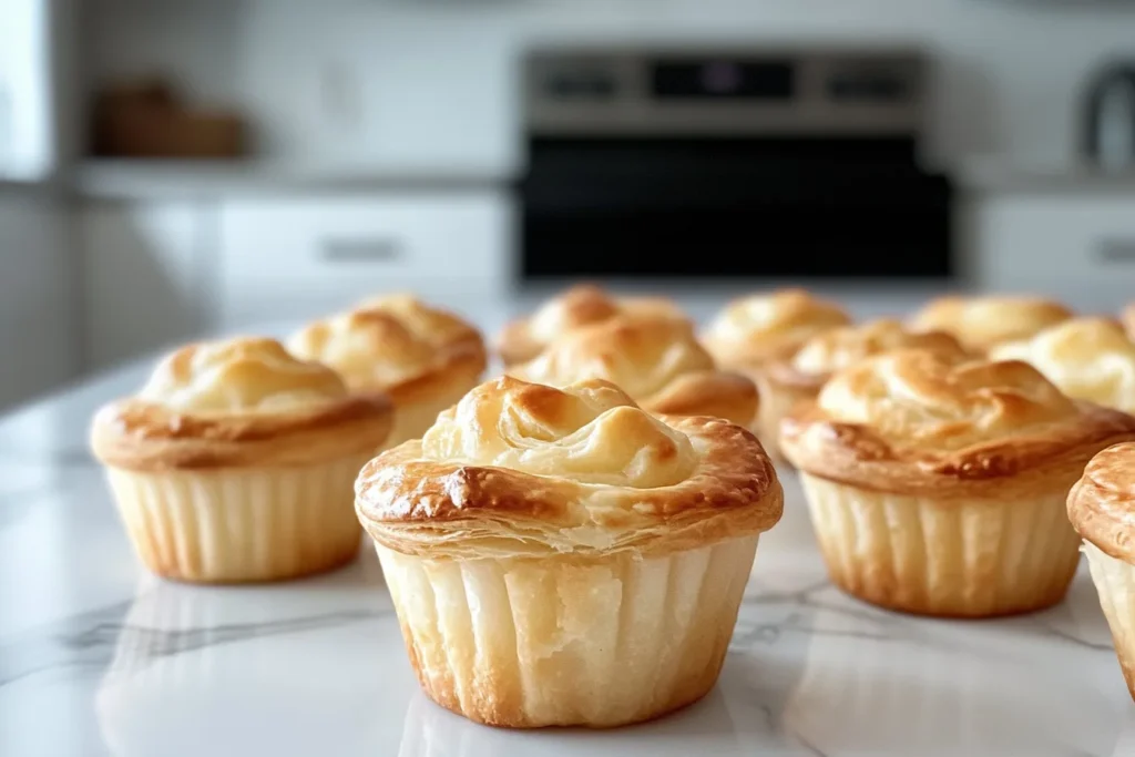 Freshly baked puff pastry muffin cups with golden-brown layers.