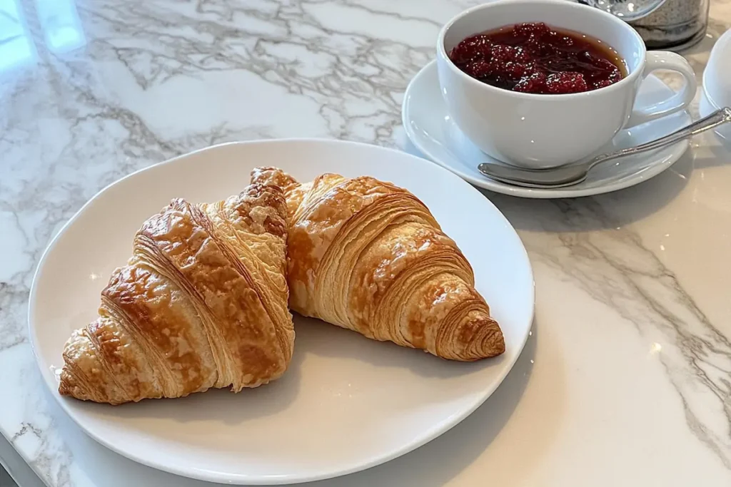 A breakfast table set with coffee, croissants, and jam for a classic French breakfast.