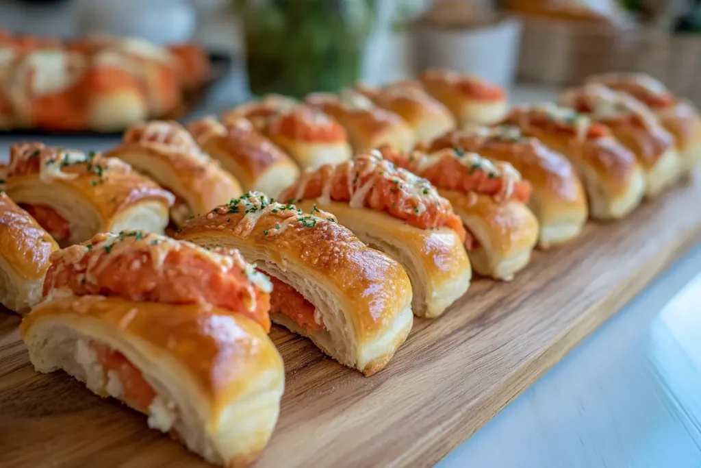 Golden stuffed crescent rolls arranged on a wooden board.