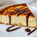 A warm slice of crescent roll cheesecake drizzled with chocolate sauce.